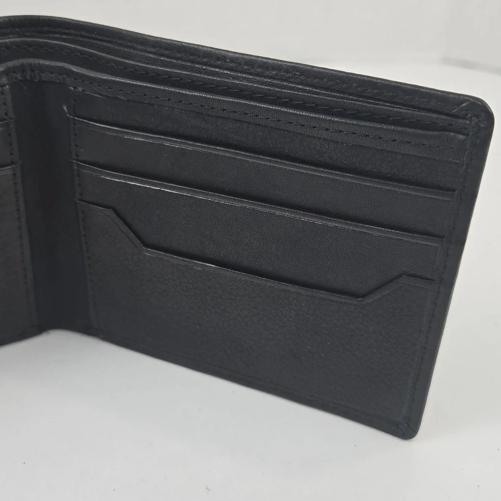 TCU Embossed Genuine Black Leather Men's Slim Bifold Wallet EXCELLENT COND